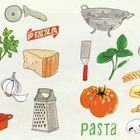 "PIZZA" und "pasta" hervorstechend; Illustration von italienischen Zutaten und Küchenutensilien, wie Tomaten, Knoblauch, Parmesan.