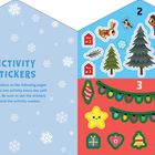 "Activity Stickers" und Anleitung. Schneeflocken, bunte Sticker von Tieren, Bäumen und Weihnachtsdekorationen.