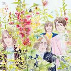 Illustration: Vier Personen in bunter Kleidung, umgeben von hohen Blumen und Schmetterlingen. Verspieltes, naturlastiges Design.