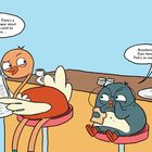 Zwei Vögel, einer liest die Zeitung: "Look, Wade. There's a story...". Der andere sagt: "Anywhere? Even here? That's so sneaky."