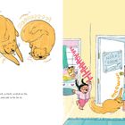 Links ist dreimal "Meowr" in verschiedenen Formen zu sehen. Rechts: Eine geöffnete Tür mit "NORA'S ROOM", ein Mädchen läuft lachend heraus. Eine Frau und ein Mann küssen sich.