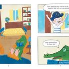 Text auf zwei Sprechblasen: „Good morning, Croc! The sun is out...“ und „Good morning, Mac. No thank you.“ Ein Krokodil liest ein Buch in einem Wohnzimmer. Ein Kind mit einem Kapitänshut steht freudig da. Ein gelber Raum, blau-gelbe Möbel.