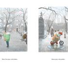 "When Tom plays with bubbles," links, ein Kind mit grüner Jacke pustet Seifenblasen. Rechts, "Momo plays with puddles," ein Kind mit Roller im Wasser.