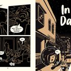 Zwei Seiten einer Comic-Illustration. Links panische Reaktionen in Dunkelheit, rechts "In the Dark" und ein Laden "Sunshine Convenience".