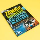Text: "Zombie Spiders and Asteroid Blasters". Illustration eines Spinnenroboters, Autos und ein Asteroiden im Weltall.