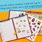 "60 colorful nature stickers, a pull-out log for recording nature finds, and a real magnifying glass!"  
Illustration mit Stickerbögen und Notizheft.