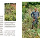 Texte beschreiben einen Garten mit Schotterprojekten und Kakteen. Rechts ein fröhlicher Gärtner inmitten von Pflanzen.