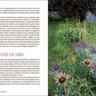 Links oben: Diskussion über Suburbanisierung und Rasenpflege. Überschrift: "REWILDING OUR LAWNS". Rechts: Garten mit blühenden Pflanzen.