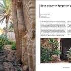 „Seek beauty in forgotten places. Giardino dell’Impossible, Favignana, Italy.“ Der Text beschreibt ein Gartenprojekt. Links ein Weg zwischen hohen Felsen und Palmen. Rechts Text und Bild mit Pflanzen.