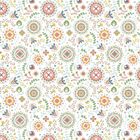 Bunte, verspielte Muster aus Blüten und Blättern in Pastellfarben, sich wiederholend auf hellem Hintergrund.