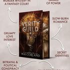 Buchcover mit Texten: "Murder Mystery in a Fantasy Court", "Deadly Games of Power", "Grumpy Love Interest", "Secret Identities".