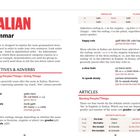 Texte: "ITALIAN Grammar", "ADJECTIVES & ADVERBS", "ARTICLES". Eine Tabelle zeigt Singular und Plural in Italienisch.