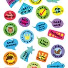 Kleine bunte Aufkleber mit ermutigenden Lesebotschaften wie "Well done!", "I love books!" und "Great reading!". Sterne, Herzen, Comic-Stil.