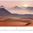 Kalenderblatt für Mai; Sahara-Wüste bei Sonnenuntergang, sanfte Dünen und Berge im Hintergrund, warmes Licht.