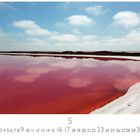 "Rote Saline" steht links unten, darunter eine Monatsübersicht mit Zahlen. Das Wasser ist rot, der Himmel blau mit Wolken.