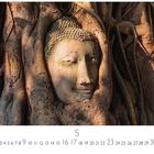 Kalenderblatt mit Datum 5, darunter Wurzeln umfangen einen antiken Buddha-Kopf.