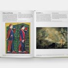 Links steht "Gilbert and George" und "Thumbing". Rechts "Giordano Luca" und "The Dream of Solomon". Links eine bunte Illustration mit zwei Figuren, rechts ein dramatisches Gemälde mit mythologischer Szene.