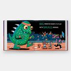 BIG MONSTER WANTS TO PLAY WITH SMALL humans. Ein grünes Monster spielt Basketball mit kleineren Menschen. Illustrativ.