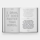 Texte: "I draw. It goes faster than words." - Jean Nouvel. "The Creator created paper for drawing architecture on..." - Alvar Aalto. Weitere Texte beziehen sich auf die Freude am Zeichnen. Links gepunktete, rechts klare Schrift.