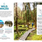 "Wild Walks" in großen blauen Buchstaben oben, darunter Beschreibung von Wanderwegen in Tasmanien. Bilder: Küste und Wanderer im Schnee.