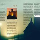 Lincoln Castle, Lincolnshire. Besuchen Sie das Gefängnis, das alle Insassen isolierte. Text mit historischen Details und Geistergeschichten. Rechts ein Foto einer alten Burg bei Sonnenuntergang. Links ein Laternenpfahl.