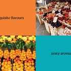 Exquisite flavours, zesty aromas. Oben: Obstmarkt mit Kisten. Unten: Orangen und Zitronen in Netzen und gestapelt.