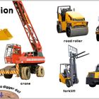 Text: "Construction", "front loader", "bulldozer", "crane", "road roller", "cement mixer", "forklift", "dump truck". Bilder von Baufahrzeugen.