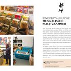 #14, EINE ERSTAUNLICHE MUSIKALISCHE SCHATZKAMMER. Zwei Personen durchsuchen Schallplatten in einem Laden voller bunter Plattencover.