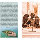 Text über die Pest und San Clemente. Rechts eine Skulptur, die einen geflügelten, düsteren Engel darstellt. Links Bild von Insel.