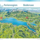 Ferienregion Bodensee-Karte mit Städtenamen wie Bregenz, Friedrichshafen und Konstanz, umgeben von Bergen und Seen.