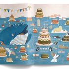 Bunte Wimpel hängen über einem Ozean voller Kuchen und feiernder Tiere, darunter ein großer, lächelnder Wal.