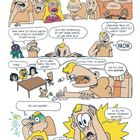 Eine humorvolle Comic-Szene: Charaktere diskutieren über Essen, besonders Zwiebeln, mit ausdrucksstarken Reaktionen.