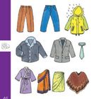 Nummer 46. Darstellung von Kleidung: Hosen, Jacken, Regenjacke, Mantel, Krawatte, Kimono, Sari, Wickelrock, Poncho.