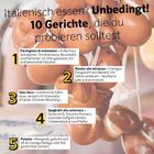 "Italienisch essen? Unbedingt! 10 Gerichte, die du probieren solltest." Pasta wird kunstvoll auf Gabeln gedreht.