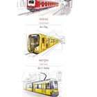 Der Zug, die U-Bahn, die Straßenbahn. Illustration von einem roten Zug, gelber U-Bahn und Straßenbahn auf Gleisen.