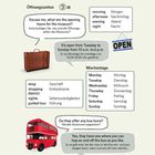 Öffnungszeiten des Museums: Dienstag bis Sonntag, 10-18 Uhr. Wochentage auf Deutsch und Englisch. Rotes Doppeldeckerbus-Logo.