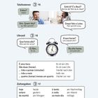 Texte auf Deutsch und Portugiesisch über Telefonieren und Uhrzeiten. Dialoge, eine Uhr und Zeitangaben sind dargestellt.