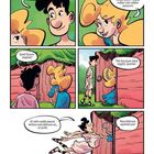 Comic mit sechs Panels. Junge und Mädchen sprechen Lateinisch. Szenen vor einer Holztür. Fröhliche Atmosphäre.