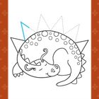 Illustration eines schlafenden Dinosauriers mit kreisförmigen Mustern und Zacken auf dem Rücken, weißer Hintergrund.