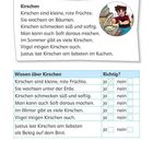 Textanleitung zum Ankreuzen über Kirschen. Ein Bild zeigt eine Person, die Kirschenkuchen genießt.