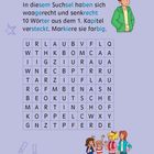 In einem Suchsel sind 10 Wörter waagerecht und senkrecht versteckt. Es gibt Illustrationen von vier fröhlichen Kindern.