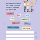 "Rätsel: Sortiere diese Wörter nach dem Alphabet. Wörter: Freundin, Bibi, Tina, Alex, Steinbruch, Vollmond." Eine farbenfrohe Illustration.