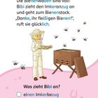 Text über Bienenwaben und Bibi im Imkeranzug. Illustration eines Mädchens in Schutzkleidung bei einem Bienenstock.