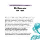 Ein Text über Amira, die schwimmt, mit dem Titel "Blubbern wie ein Fisch" und dem Thema "Zur Ruhe kommen bei Leistungsdruck". Unten Wellen-Illustration.
