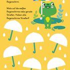 Text: „Frosch Freddy mag seinen gestreiften Regenschirm.“ Illustration mit einem Frosch, Regenschirme und Regentropfen.