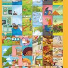 "Lösungen und Puzzleteile zu den Seiten 19–30." Quadratische Illustrationen mit Tieren, Kindern und Landschaften.