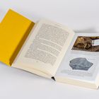 Offenes Buch mit gelbem Einband. Links Text, rechts zwei Bilder: Schädel und ein beschrifteter Stein.