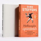 Buchtitel: "Hoffnungslos optimistisch" von Dirk Steffens. Cover in Orange, Illustration eines Mannes mit Blumenstrauß.