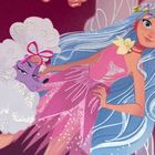 Eine bunte Illustration mit einer Frau in einem glitzernden pinken Kleid und einem violetten Pudel mit einer rosa Schleife.