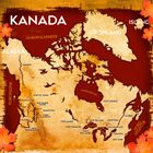 Karte von Kanada mit umliegenden Regionen; zeigt Städte und geografische Elemente wie Ozeane und Meere an.